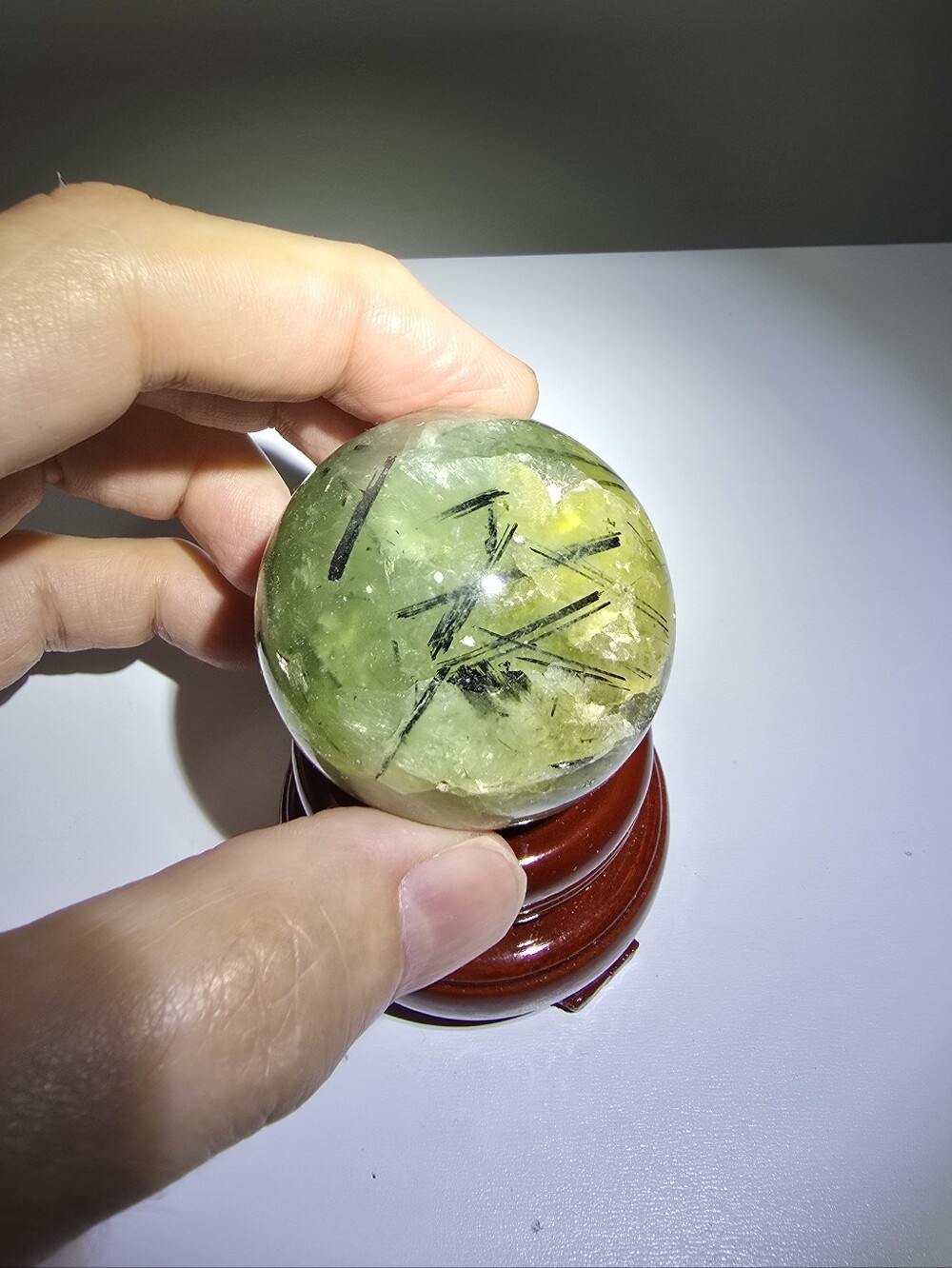 0.3 lbs Prehnite with Tourmaline Crystal Sphere 46 mm
